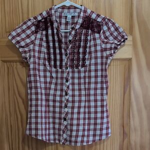 One Step Ahead Women's Burgundy and White Plaid Button-Down Shirt